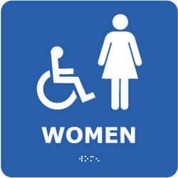 NMC - Women, 8" Wide x 8" High, Plastic Sign - English, Braille, White on Blue, Wall Mount - Eagle Tool & Supply