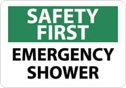 NMC - "Safety First - Emergency Shower", 10" Long x 14" Wide, Pressure-Sensitive Vinyl Safety Sign - Rectangle, 0.004" Thick, Use for First Aid - Eagle Tool & Supply