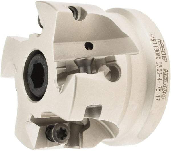 Iscar - 4 Inserts, 2" Cut Diam, 3/4" Arbor Diam, 0.642" Max Depth of Cut, Indexable Square-Shoulder Face Mill - 0/90° Lead Angle, 1.57" High, H490 AN.X 1706 Insert Compatibility, Through Coolant, Series Helido - Eagle Tool & Supply