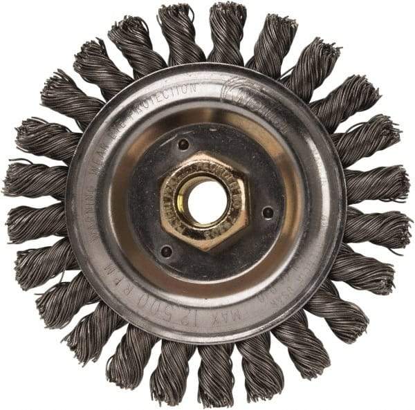 Weiler - 5" OD, 5/8" Arbor Hole, Stringer Bead Steel Wheel Brush - 1/2" Face Width, 7/8" Trim Length, 0.023" Filament Diam, 12,500 RPM - Eagle Tool & Supply