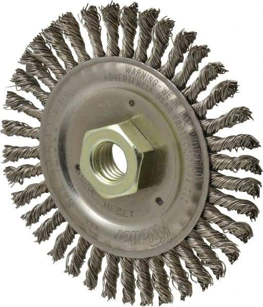 Weiler - 4-1/2" OD, 5/8" Arbor Hole, Knotted Stainless Steel Wheel Brush - 3/16" Face Width, 7/8" Trim Length, 0.02" Filament Diam, 12,500 RPM - Eagle Tool & Supply