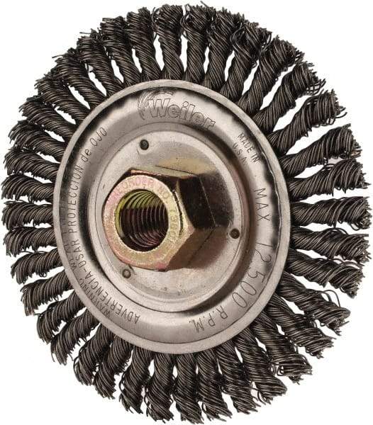 Weiler - 4-1/2" OD, 5/8" Arbor Hole, Stringer Bead Steel Wheel Brush - 3/16" Face Width, 13/16" Trim Length, 0.02" Filament Diam, 15,000 RPM - Eagle Tool & Supply