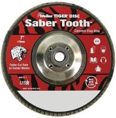 Weiler - 80 Grit, 7" Disc Diam, 5/8-11 Center Hole, Type 29 Ceramic Flap Disc - 8,600 Max RPM, Phenolic Backing, Arbor Attaching System, Coated - Eagle Tool & Supply