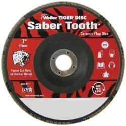 Weiler - 40 Grit, 7" Disc Diam, 7/8" Center Hole, Type 29 Ceramic Flap Disc - 8,600 Max RPM, Phenolic Backing, Arbor Attaching System, Coated - Eagle Tool & Supply