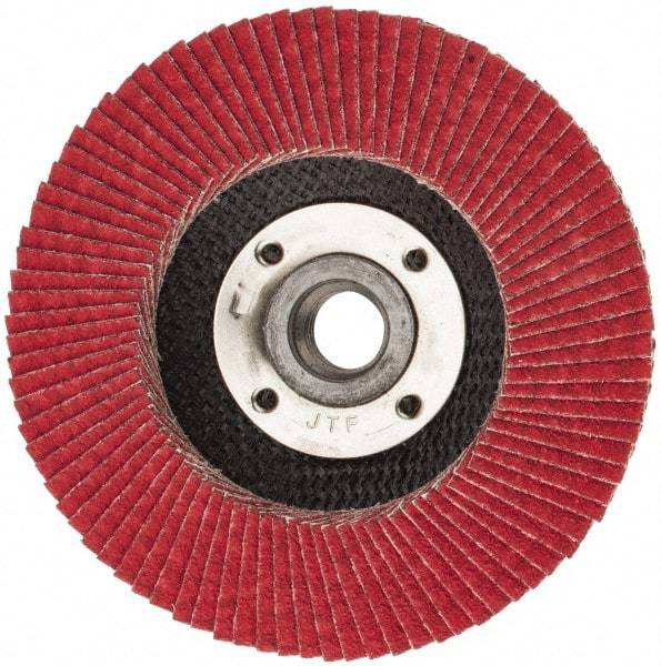 Weiler - 80 Grit, 4-1/2" Disc Diam, 5/8-11 Center Hole, Type 29 Ceramic Flap Disc - 13,000 Max RPM, Phenolic Backing, Arbor Attaching System, Coated - Eagle Tool & Supply