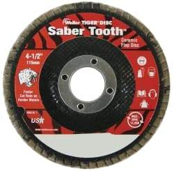 Weiler - 36 Grit, 4-1/2" Disc Diam, 7/8" Center Hole, Type 29 Ceramic Flap Disc - 13,000 Max RPM, Phenolic Backing, Arbor Attaching System, Coated - Eagle Tool & Supply