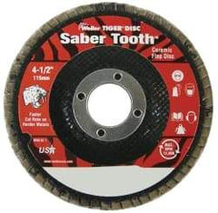 Weiler - 60 Grit, 4-1/2" Disc Diam, 7/8" Center Hole, Type 29 Ceramic Flap Disc - 13,000 Max RPM, Phenolic Backing, Quick Change Type S Attaching System, Coated - Eagle Tool & Supply