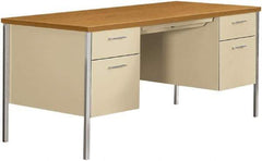 Hon - Woodgrain Laminate/Metal Double Pedestal Desk with Center Drawer - 62-3/4, 60" Wide x 30" Deep x 22-1/2, 29" High, Harvest/Putty - Eagle Tool & Supply