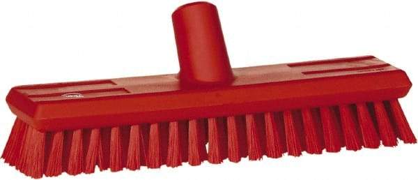 Vikan - 1.3" Bristle Length, Polyester Scrub Brush - 10-3/4" Long x 2-1/2" Wide Head, 11" OAL, European Threaded Handle, Red, Polypropylene Block - Eagle Tool & Supply