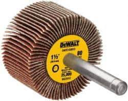 DeWALT - 1-1/2" Diam x 1" Face Width, Medium Aluminum Oxide Coated Mounted Flap Wheel - 1/4" Shank Mount, 80 Grit, Cloth Backing, 25,000 Max RPM - Eagle Tool & Supply