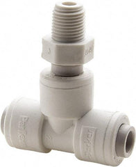 Parker - 1/2" Outside Diam, 1/2 NPTF, Polypropylene Push-to-Connect Tube Male Swivel Branch Tee - 150 Max psi, White - Eagle Tool & Supply