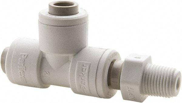 Parker - 1/2" Outside Diam, 3/8 NPTF, Polypropylene Push-to-Connect Tube Male Swivel Run Tee - 150 Max psi, White - Eagle Tool & Supply