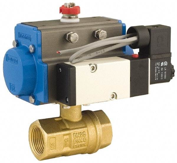 BONOMI - 1/2" Pipe, 600 psi WOG Rating Brass Pneumatic Spring Return with Solenoid Actuated Ball Valve - PTFE Seal, Full Port, 150 psi WSP Rating, NPT End Connection - Eagle Tool & Supply