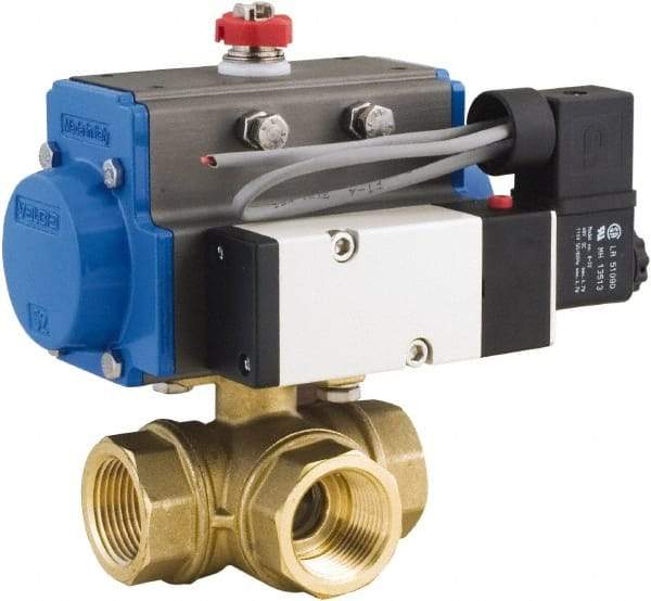 BONOMI - 1/2" Pipe, 400 psi WOG Rating Brass Pneumatic Spring Return with Solenoid Actuated Ball Valve - PTFE Seal, Standard Port, 100 psi WSP Rating, NPT End Connection - Eagle Tool & Supply