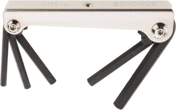Bondhus - 5 Piece Fold-Up Hex Key Set - Hex Range 3/16 to 3/8", 7-1/2" OAL, Protanium High Torque Steel - Eagle Tool & Supply