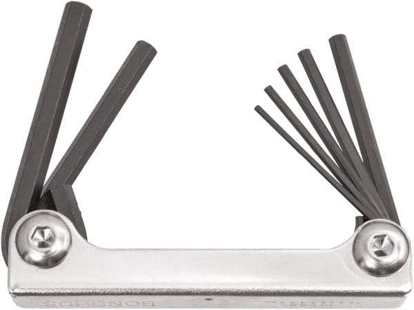 Bondhus - 7 Piece Fold-Up Ball End Hex Key Set - Hex Range 2 to 8mm, 6.63" OAL, Protanium High Torque Steel - Eagle Tool & Supply