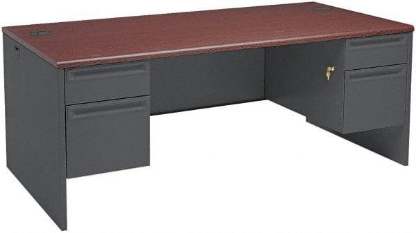 Hon - Steel-Reinforced High-Pressure Laminate/Metal Double Pedestal Desk - 72" Wide x 36" Deep x 29" High, Mahogany/Charcoal - Eagle Tool & Supply