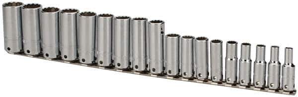 Proto - 18 Piece 3/8" Drive Tethered Deep Socket Set - 12 Points, 6 to 23mm, Metric Measurement Standard - Eagle Tool & Supply