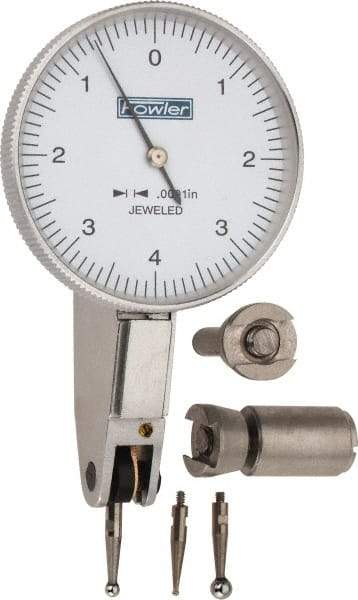 Fowler - 0.008 Inch Range, 0.0001 Inch Dial Graduation, Horizontal Dial Test Indicator - 1-1/2 Inch White Dial, 0-4-0 Dial Reading - Eagle Tool & Supply