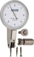 Fowler - 0.008 Inch Range, 0.0001 Inch Dial Graduation, Horizontal Dial Test Indicator - 1-1/2 Inch White Dial, 0-4-0 Dial Reading - Eagle Tool & Supply