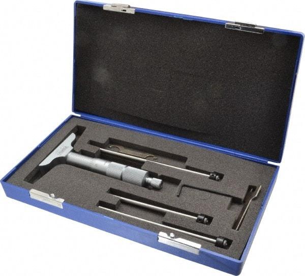 Fowler - 0 to 3" Range, 3 Rod, Satin Chrome Finish Mechanical Depth Micrometer - Ratchet Stop Thimble, 2-1/2" Base Length, 0.01mm Graduation, 0.176" Rod Diam - Eagle Tool & Supply
