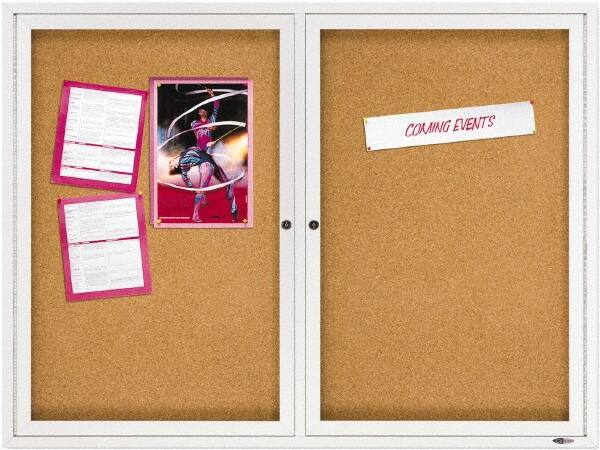 Quartet - 48" Wide x 36" High Enclosed Cork Bulletin Board - Natural Cork over Fiberboard, Aluminum Frame - Eagle Tool & Supply