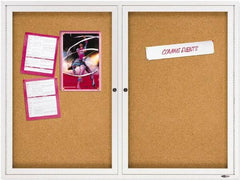 Quartet - 48" Wide x 36" High Enclosed Cork Bulletin Board - Natural Cork over Fiberboard, Aluminum Frame - Eagle Tool & Supply