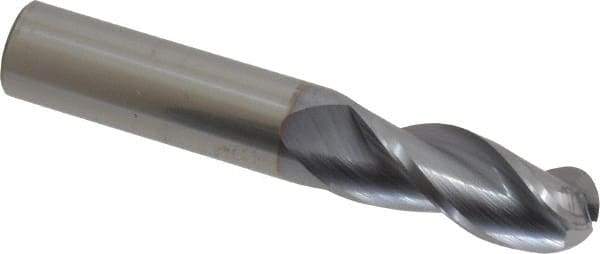Accupro - 1/2" Diam, 1-1/4" LOC, 3 Flute Solid Carbide Ball End Mill - TiCN Finish, Single End, 3" OAL, 1/2" Shank Diam, Spiral Flute - Eagle Tool & Supply