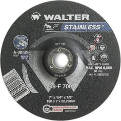 WALTER Surface Technologies - 30 Grit, 7" Wheel Diam, 1/4" Wheel Thickness, 7/8" Arbor Hole, Type 27 Depressed Center Wheel - Aluminum Oxide, Resinoid Bond, 8,600 Max RPM - Eagle Tool & Supply