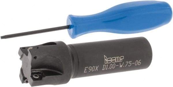 Iscar - 1" Cut Diam, 0.22" Max Depth of Cut, 3/4" Shank Diam, 3" OAL, Indexable Square Shoulder End Mill - Weldon Shank, 90° Lead Angle, Series Heliquad - Eagle Tool & Supply