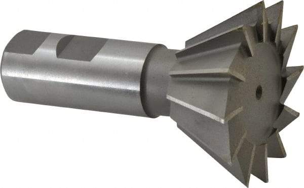 Made in USA - 2-1/2" Diam x 1-1/8" Width of Cut, 60° Included Angle, Cobalt Dovetail Cutter - 1" Shank Diam, 2-5/8" Shank Length, 3-3/4" Overall Length, Weldon Flat, Uncoated - Eagle Tool & Supply