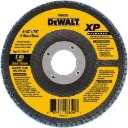 DeWALT - 40 Grit, 4-1/2" Disc Diam, 7/8" Center Hole, Type 27 Zirconia Alumina Flap Disc - 13,300 Max RPM, Cloth Backing, Arbor Attaching System, Coated - Eagle Tool & Supply
