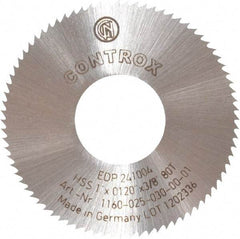 Controx - 1" Diam x 0.012" Blade Thickness x 3/8" Arbor Hole Diam, 80 Tooth Slitting and Slotting Saw - Arbor Connection, Right Hand, Uncoated, High Speed Steel, Concave Ground - Eagle Tool & Supply