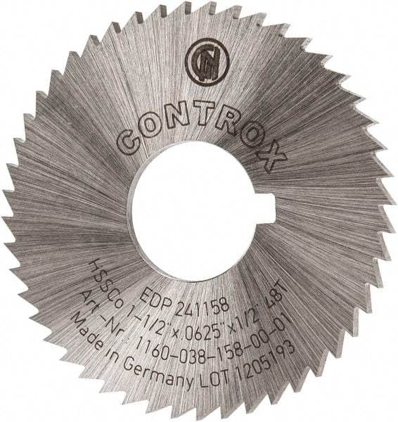 Controx - 1-1/2" Diam x 1/16" Blade Thickness x 1/2" Arbor Hole Diam, 48 Tooth Slitting and Slotting Saw - Arbor Connection, Right Hand, Uncoated, Cobalt, Concave Ground, Contains Keyway - Eagle Tool & Supply