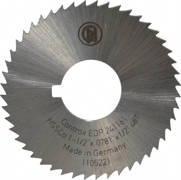 Controx - 1-1/2" Diam x 0.0781" Blade Thickness x 1/2" Arbor Hole Diam, 48 Tooth Slitting and Slotting Saw - Arbor Connection, Right Hand, Uncoated, Cobalt, Concave Ground, Contains Keyway - Eagle Tool & Supply