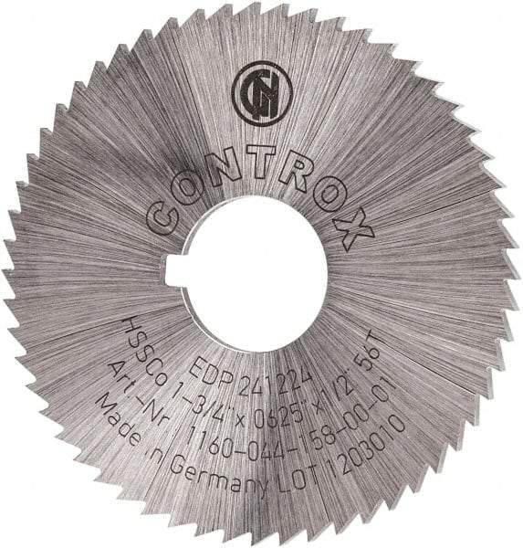 Controx - 1-3/4" Diam x 1/16" Blade Thickness x 1/2" Arbor Hole Diam, 56 Tooth Slitting and Slotting Saw - Arbor Connection, Right Hand, Uncoated, Cobalt, Concave Ground, Contains Keyway - Eagle Tool & Supply