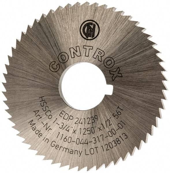 Controx - 1-3/4" Diam x 1/8" Blade Thickness x 1/2" Arbor Hole Diam, 56 Tooth Slitting and Slotting Saw - Arbor Connection, Right Hand, Uncoated, Cobalt, Concave Ground, Contains Keyway - Eagle Tool & Supply