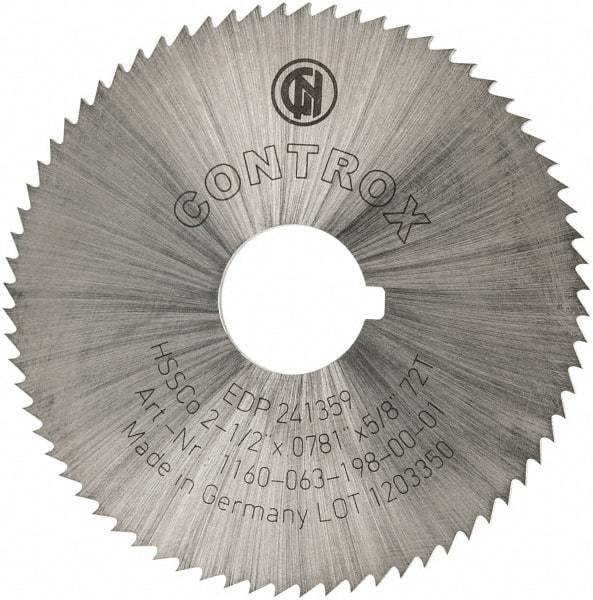 Controx - 2-1/2" Diam x 0.0781" Blade Thickness x 5/8" Arbor Hole Diam, 72 Tooth Slitting and Slotting Saw - Arbor Connection, Right Hand, Uncoated, Cobalt, Concave Ground, Contains Keyway - Eagle Tool & Supply