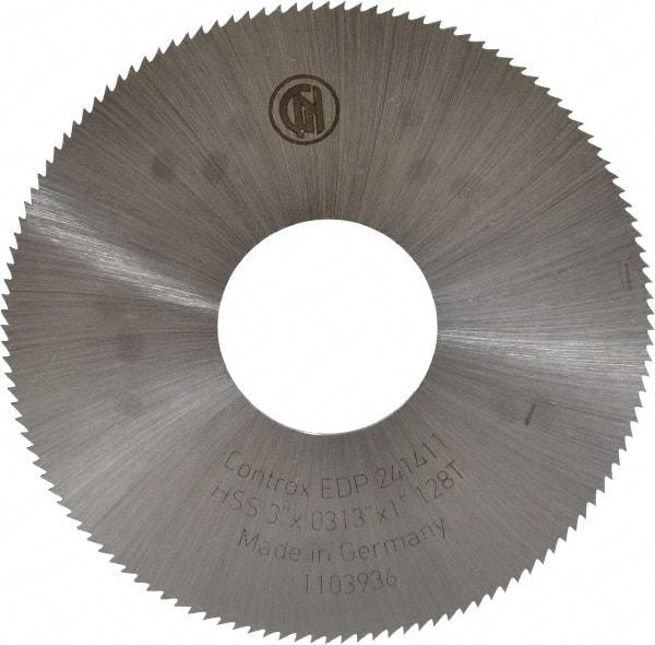 Controx - 3" Diam x 0.0313" Blade Thickness x 1" Arbor Hole Diam, 128 Tooth Slitting & Slotting Saw - Arbor Connection, Right Hand, Uncoated, M2 High Speed Steel, Concave Ground - Eagle Tool & Supply