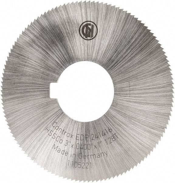 Controx - 3" Diam x 0.04" Blade Thickness x 1" Arbor Hole Diam, 128 Tooth Slitting and Slotting Saw - Arbor Connection, Right Hand, Uncoated, Cobalt, Concave Ground, Contains Keyway - Eagle Tool & Supply