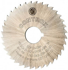 Controx - 2-1/2" Diam x 0.0938" Blade Thickness x 5/8" Arbor Hole Diam, 36 Tooth Slitting and Slotting Saw - Arbor Connection, Right Hand, Uncoated, Cobalt, 15° Rake, Concave Ground, Contains Keyway - Eagle Tool & Supply