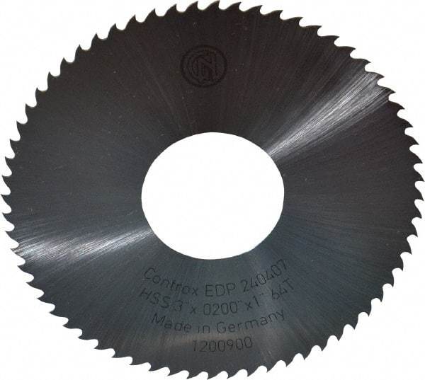 Controx - 3" Diam x 0.02" Blade Thickness x 1" Arbor Hole Diam, 64 Tooth Slitting and Slotting Saw - Arbor Connection, Right Hand, Uncoated, High Speed Steel, 15° Rake, Concave Ground - Eagle Tool & Supply