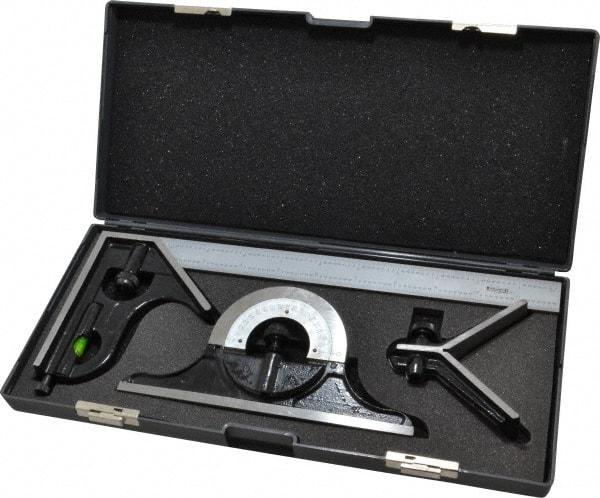 SPI - 4 Piece, 12" Combination Square Set - 1/16, 1/32, 1/64 & 1/8" (4R) Graduation, Hardened Steel Blade, Hardened Steel Center, Protractor & Square Head - Eagle Tool & Supply