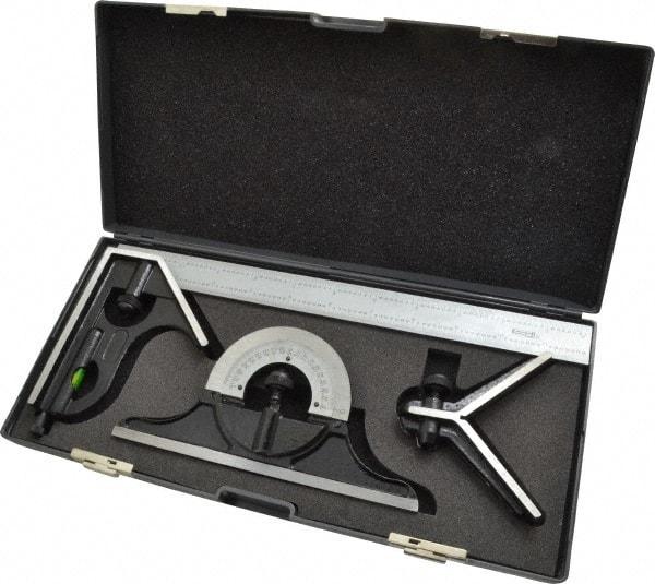 SPI - 4 Piece, 12" Combination Square Set - 1/32 & 1/64" (English/Metric) Graduation, Hardened Steel Blade, Hardened Steel Center, Protractor & Square Head - Eagle Tool & Supply
