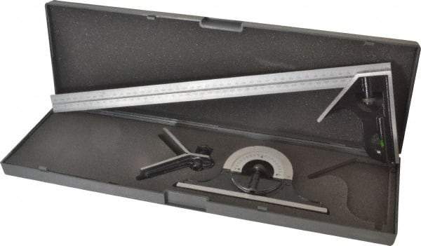 SPI - 4 Piece, 18" Combination Square Set - 1/32 & 1/64" (English/Metric) Graduation, Hardened Steel Blade, Hardened Steel Center, Protractor & Square Head - Eagle Tool & Supply