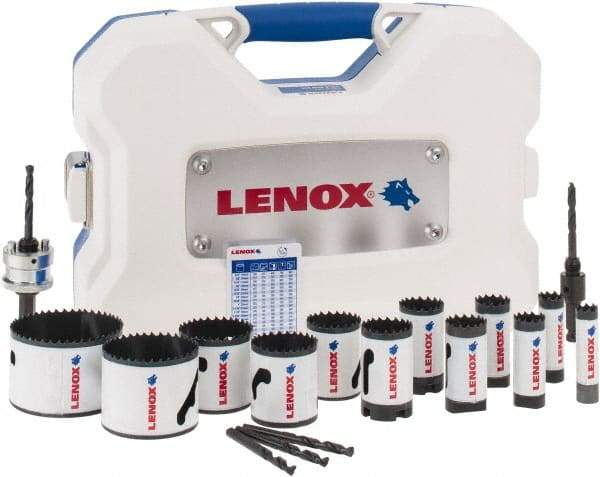 Lenox - 17 Piece, 5/8" to 3" Saw Diam, Contractor's Hole Saw Kit - Bi-Metal, Varied Toothing, Pilot Drill Model No. 4321, Includes 12 Hole Saws - Eagle Tool & Supply