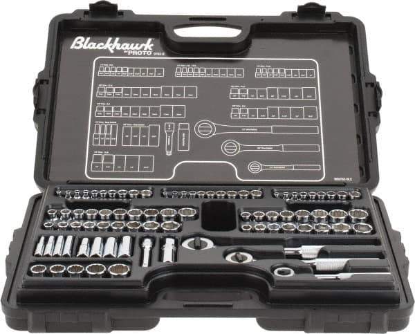 Blackhawk by Proto - 82 Piece 1/4" & 3/8" Drive Deep Well Socket Set - 6, 12 Points, 5/32" to 13/16" (4mm to 19mm) Range, Inch/Metric Measurement Standard - Eagle Tool & Supply