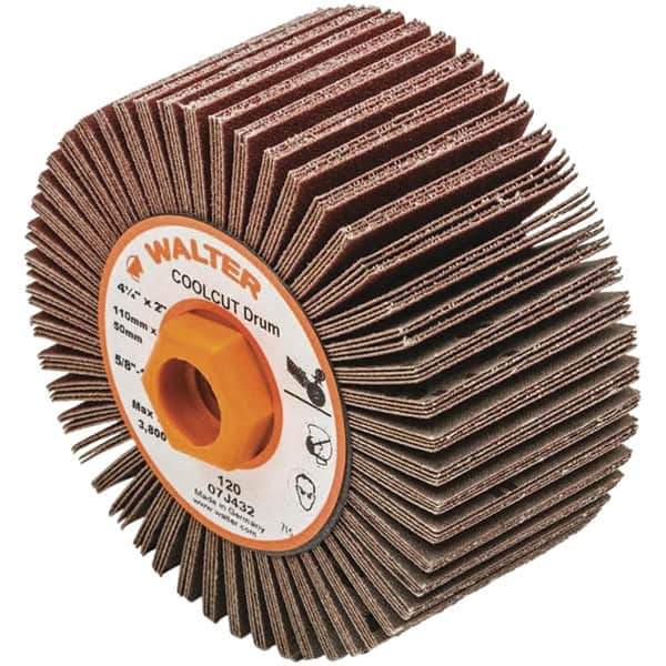 WALTER Surface Technologies - 4-1/4" Diam 120 Grit Aluminum Oxide Unmounted Flap Wheel - 5/8-11 Threaded Hole, 2" Wide, Coated, Grade Fine, 3,800 Max RPM - Eagle Tool & Supply