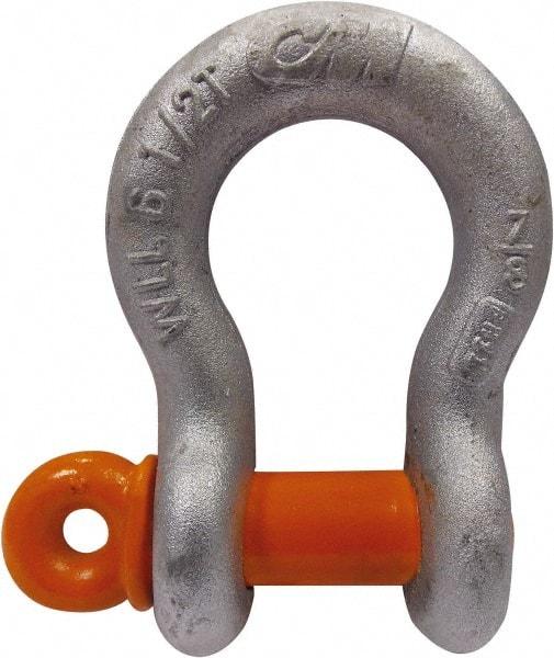 CM - 5/8" Nominal Chain Size, 3.25 Ton Carbon Steel Screw Anchor Shackle - 27/32" Diam, 3/4" Pin Diam, 1-1/16" Wide Inside Jaw, 1-1/2" Inside Width - Eagle Tool & Supply