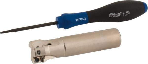 Seco - 7/8" Cut Diam, 0.354" Max Depth of Cut, 3/4" Shank Diam, 3.39" OAL, Indexable Square Shoulder End Mill - XO.X 10T3.. Inserts, Cylindrical Shank, 90° Lead Angle, Through Coolant, Series Turbo 10 - Eagle Tool & Supply